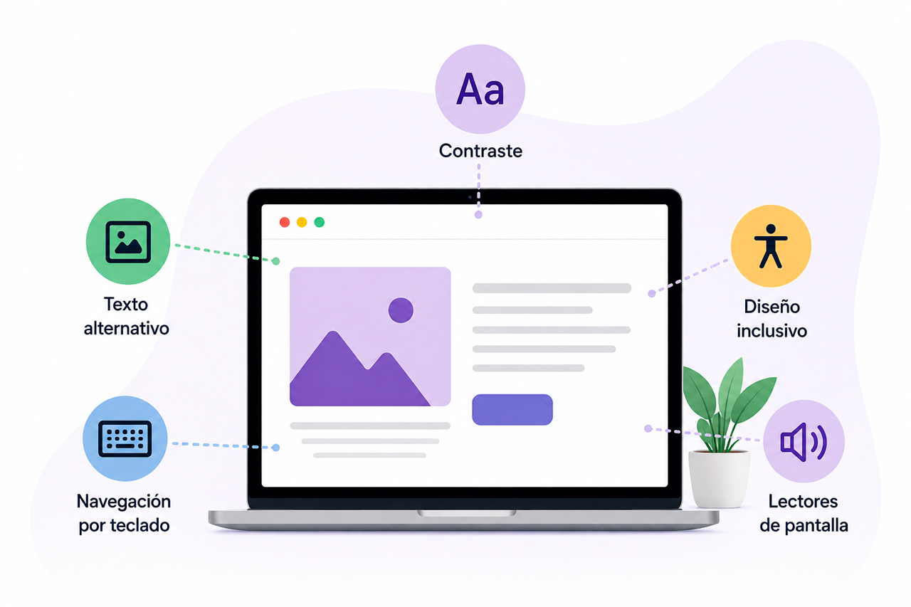 Ejemplo de accesibilidad web con contraste, texto alternativo, navegación por teclado, diseño inclusivo y lectores de pantalla.